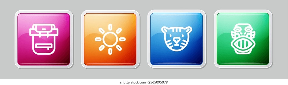 Set line Hiking backpack, Sun, Tiger head and Mexican mayan or aztec mask. Colorful square button. Vector