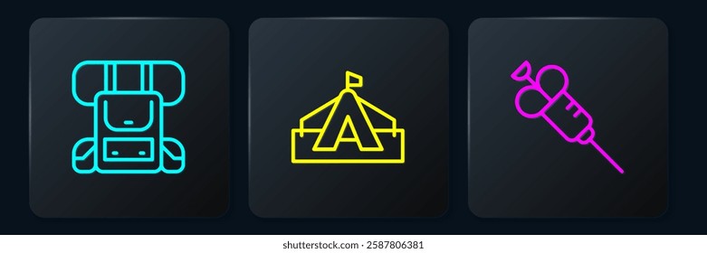 Set line Hiking backpack, Syringe and Tourist tent. Black square button. Vector