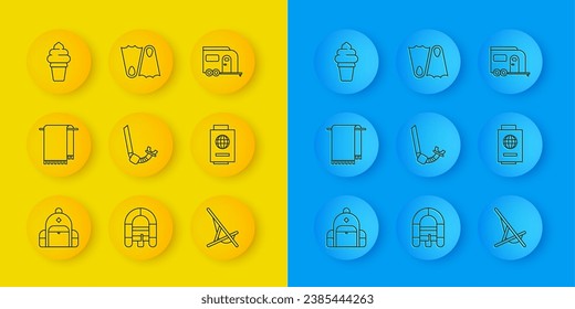 Set line Hiking backpack, Towel on hanger, Snorkel, Sunbed, Passport with ticket, Ice cream waffle cone, Rv Camping trailer and Rubber flippers icon. Vector