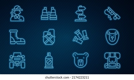 Ponga la mochila de senderismo, León salvaje, Señal de tráfico, botella de agua Canteen, botas de caza, Cartuchos y ícono de Binoculares. Vector