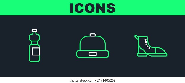 Set line Hiking boot, Bottle of water and Beanie hat icon. Vector