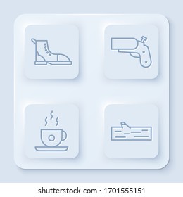 Set line Hiking boot, Flare gun pistol, Coffee cup and Wooden log. White square button. Vector