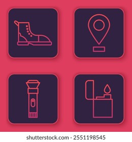 Set line Hiking boot, Flashlight, Location and Lighter. Blue square button. Vector