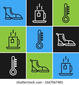 Set line Hiking boot, Meteorology thermometer and Cup of tea with tea bag icon. Vector