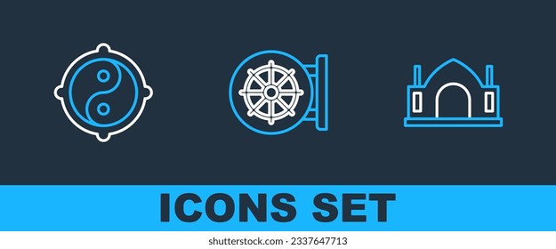 Set line Hindu spiritual temple, Yin Yang and Dharma wheel icon. Vector