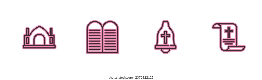 Fijar la línea del templo espiritual hindú, campana de la iglesia, los mandamientos y el decreto, papel, pergamino, icono de desplazamiento. Vector