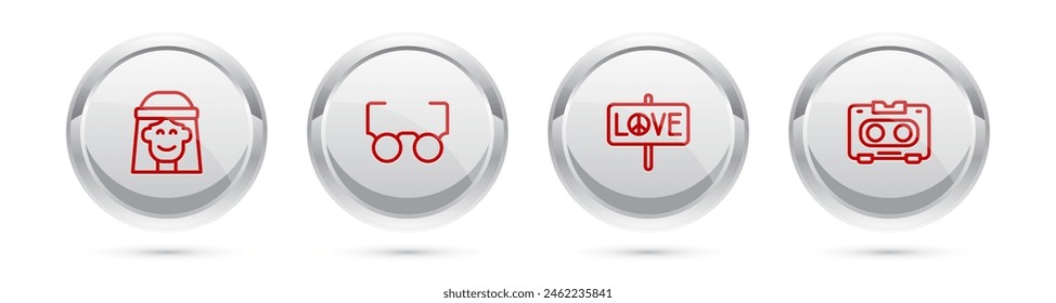 Set line Hippie girl, Glasses, Peace and Retro audio cassette tape. Silver circle button. Vector