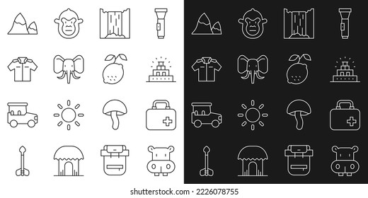 Set line Hippo or Hippopotamus, First aid kit, Chichen Itza in Mayan, Waterfall, Elephant, Shirt, Mountains and Lemon icon. Vector
