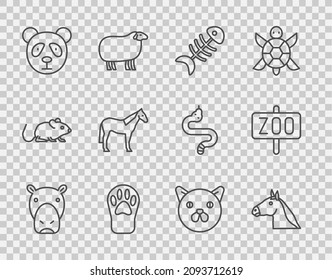 Set line Hippo or Hippopotamus, Horse head, Fish skeleton, Paw print, Cute panda face, Cat and Zoo park icon. Vector