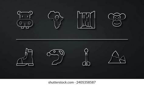 Set line Hippo or Hippopotamus, Hunter boots, Monkey, Arrow, Snake, Map of Africa, Mountains and Waterfall icon. Vector