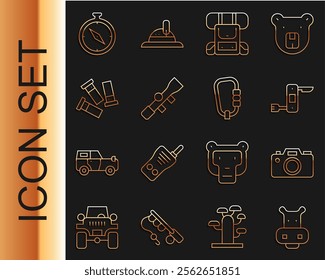 Set line Hippo or Hippopotamus, Photo camera, Swiss army knife, Hiking backpack, Sniper optical sight, Cartridges, Compass and Carabiner icon. Vector