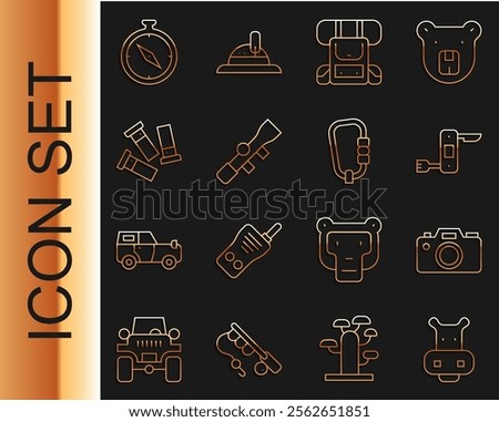 Set line Hippo or Hippopotamus, Photo camera, Swiss army knife, Hiking backpack, Sniper optical sight, Cartridges, Compass and Carabiner icon. Vector