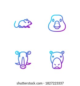 Set line Hippo or Hippopotamus, Wild boar head, Rat and Goose bird. Gradient color icons. Vector