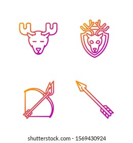 Set line Hipster arrow, Bow and fire arrow, Moose head with horns and Deer head with antlers on shield. Gradient color icons. Vector