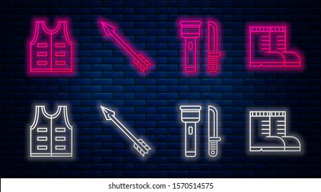 Set line Hipster arrow, Flashlight and knife, Hunting jacket and Hunter boots. Glowing neon icon on brick wall. Vector
