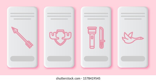 Set line Hipster arrow, Moose horns on shield, Flashlight and knife and Flying duck. White rectangle button. Vector
