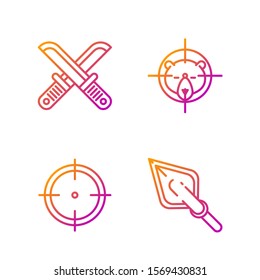 Set line Hipster arrow tip, Target sport for shooting competition, Crossed hunter knife and Hunt on bear with crosshairs. Gradient color icons. Vector