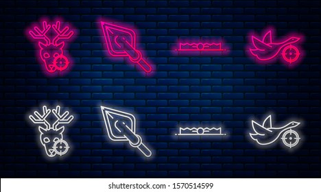 Set line Hipster arrow tip, Trap hunting, Hunt on deer with crosshairs and Hunt on duck with crosshairs. Glowing neon icon on brick wall. Vector
