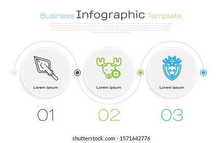Set line Hipster arrow tip, Hunt on moose with crosshairs and Deer head with antlers on shield. Business infographic template. Vector