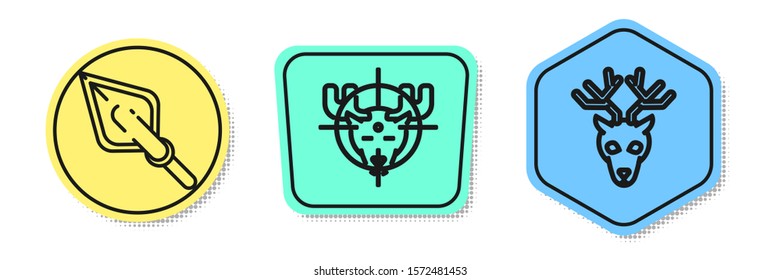 Set line Hipster arrow tip, Hunt on moose with crosshairs and Deer head with antlers. Colored shapes. Vector