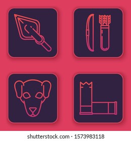 Set line Hipster arrow tip, Hunting dog, Bow and arrow in quiver and Cartridges. Blue square button. Vector