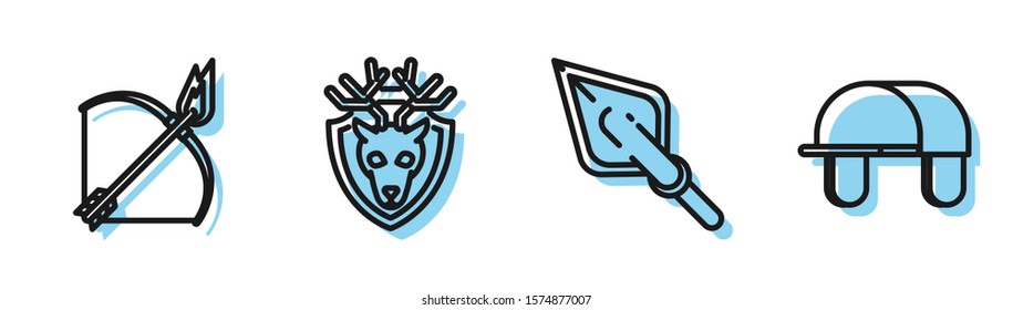 Set line Hipster arrow tip, Bow and fire arrow, Deer head with antlers on shield and Hunter hat icon. Vector