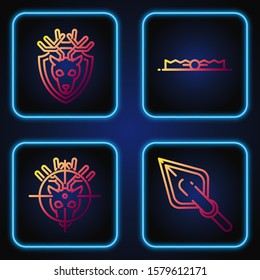 Set line Hipster arrow tip, Hunt on deer with crosshairs, Deer head with antlers on shield and Trap hunting. Gradient color icons. Vector