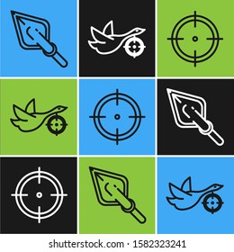 Set line Hipster arrow tip, Target sport for shooting competition and Hunt on duck with crosshairs icon. Vector