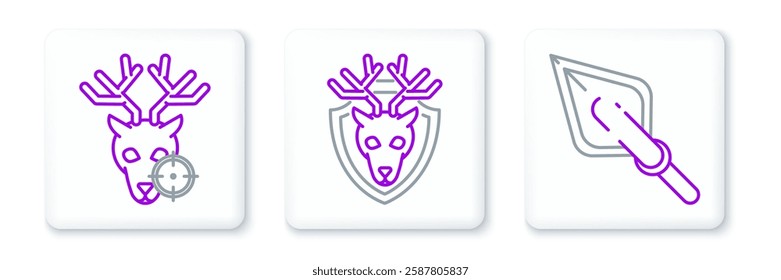 Set line Hipster arrow tip, Hunt on deer with crosshairs and Deer head antlers shield icon. Vector