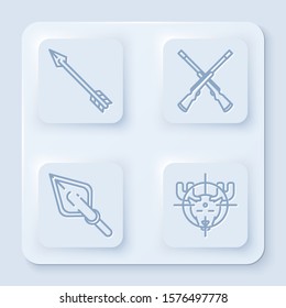 Set line Hipster arrow, Two crossed shotguns, Hipster arrow tip and Hunt on moose with crosshairs. White square button. Vector