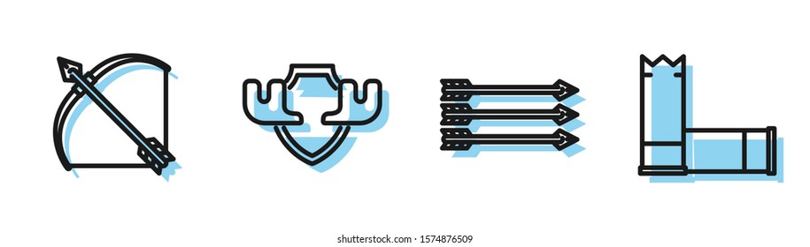 Set line Hipster arrows, Bow and arrow in quiver, Moose horns on shield and Cartridges icon. Vector