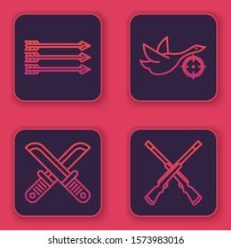 Set line Hipster arrows, Crossed hunter knife, Hunt on duck with crosshairs and Two crossed shotguns. Blue square button. Vector