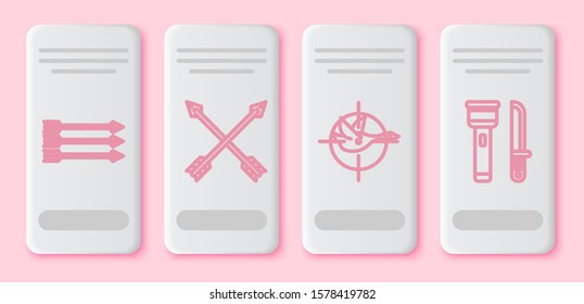 Set line Hipster arrows, Crossed arrows, Hunt on duck with crosshairs and Flashlight and knife. White rectangle button. Vector