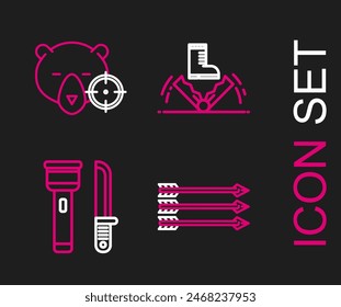 Set line Hipster arrows, Flashlight and knife, Trap hunting and Hunt on bear with crosshairs icon. Vector