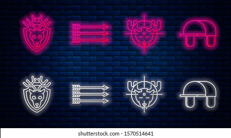 Set line Hipster arrows, Hunt on moose with crosshairs, Deer head with antlers on shield and Hunter hat. Glowing neon icon on brick wall. Vector