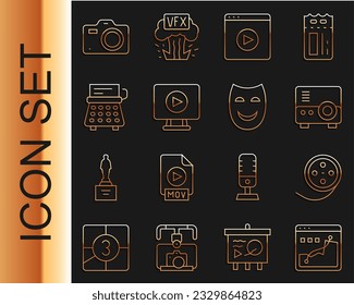 Set line Histogram graph photography, Film reel, Media projector, Online play video, Retro typewriter, Photo camera and Comedy theatrical mask icon. Vector