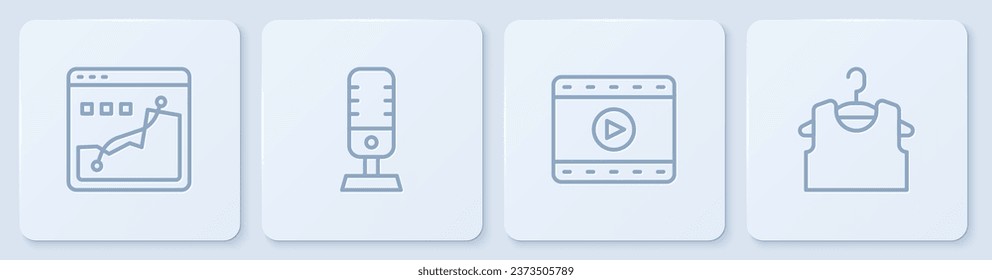 Set line Histogram graph photography, Play Video, Microphone and Sleeveless T-shirt. White square button. Vector
