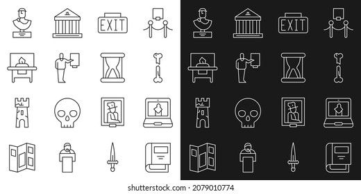 Set line History book, Online museum, Human broken bone, Exit sign, Museum guide, Glass showcase for exhibit, Ancient bust sculpture and Old hourglass with sand icon. Vector