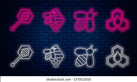 Set line Hive for bees, Bee, Honey dipper stick and Honeycomb. Glowing neon icon on brick wall. Vector