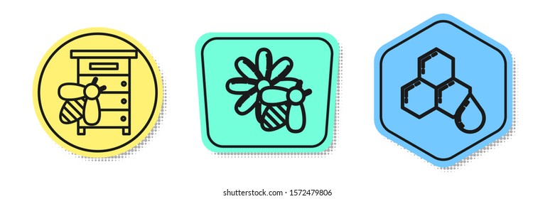 Set line Hive for bees, Bee and flower and Honeycomb. Colored shapes. Vector