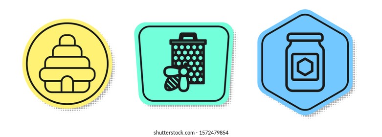 Set line Hive for bees, Bee and honeycomb and Jar of honey. Colored shapes. Vector