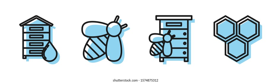 Set line Hive for bees, Hive for bees, Bee and Honeycomb icon. Vector