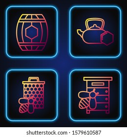 Set line Hive for bees, Bee and honeycomb, Wooden barrel with honey and Tea kettle with honey. Gradient color icons. Vector