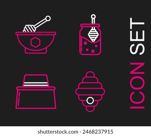 Set line Hive for bees, Beekeeper with protect hat, Jar of honey and honey dipper stick and Honey bowl icon. Vector