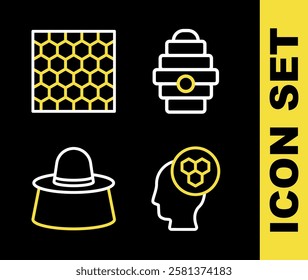 Set line Hive for bees, Beekeeper, with protect hat and Honeycomb icon. Vector