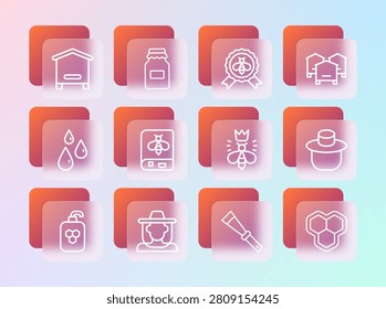 Set line Hive for bees, Beekeeper with protect hat, Queen, Beekeeping knife, Book about, Best,  and Jar of honey icon. Vector