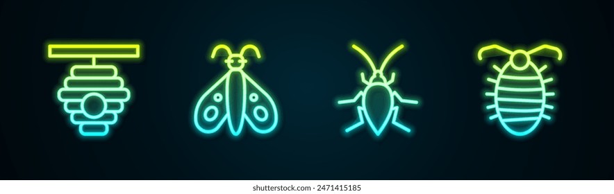 Set line Hive for bees, Butterfly, Cockroach and Larva insect. Glowing neon icon. Vector