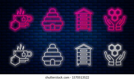 Set line Hive for bees, Hive for bees, Cup of tea with honey and Honeycomb and hands. Glowing neon icon on brick wall. Vector