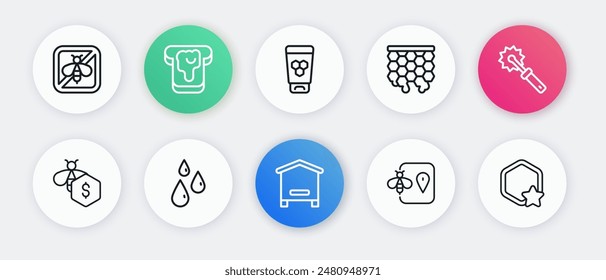 Set line Hive for bees, Cutter roll honey, Sale of, Bee location, Honeycomb, Cosmetic tube with,  and Drops icon. Vector