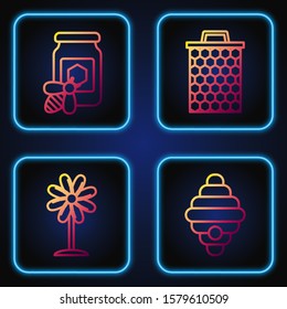 Set line Hive for bees, Flower, Jar of honey with bee and Honeycomb. Gradient color icons. Vector